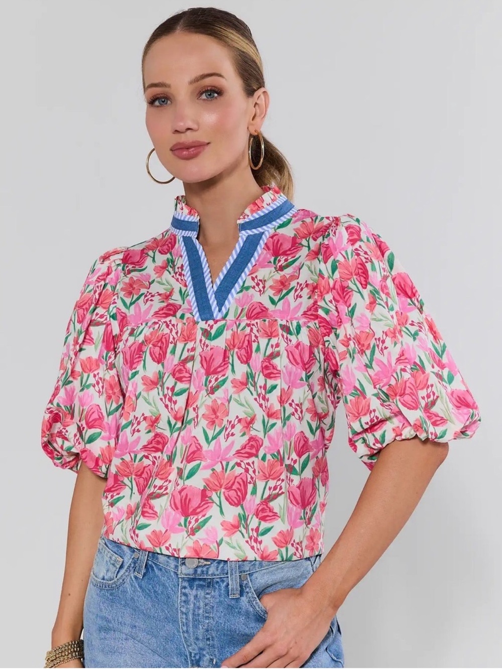 NEW THML Daria Floral Blouse Puff-Sleeve Top Medium